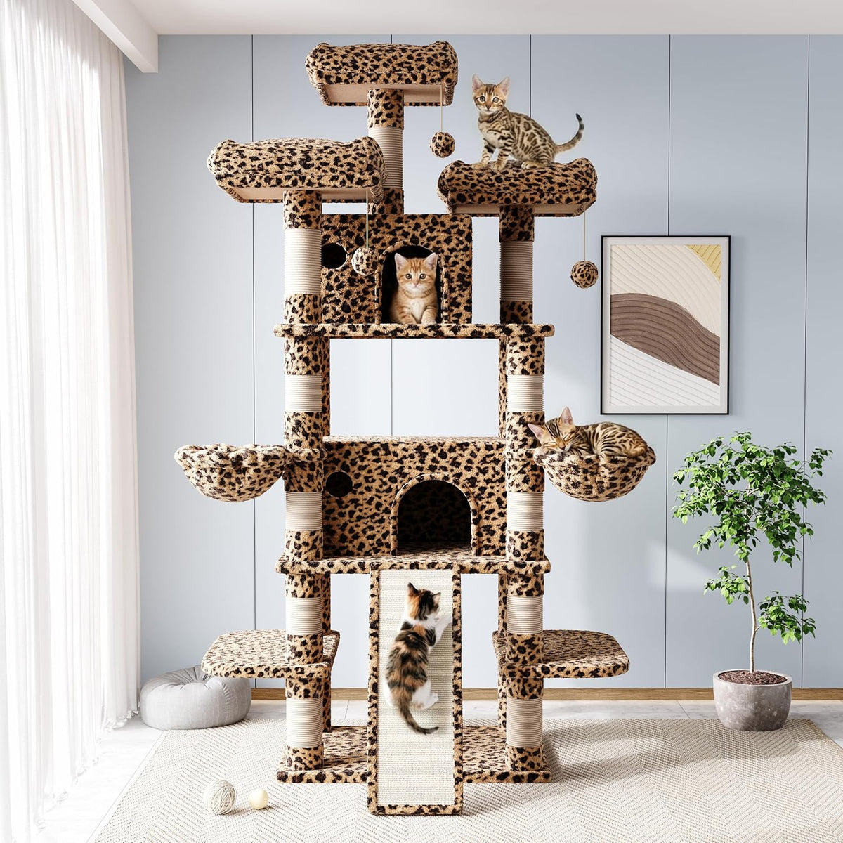 Allewie 68 Inches Cat Tree/House and Towers for Big Feline/Scratching - 82 in / Leopard Print - image 2