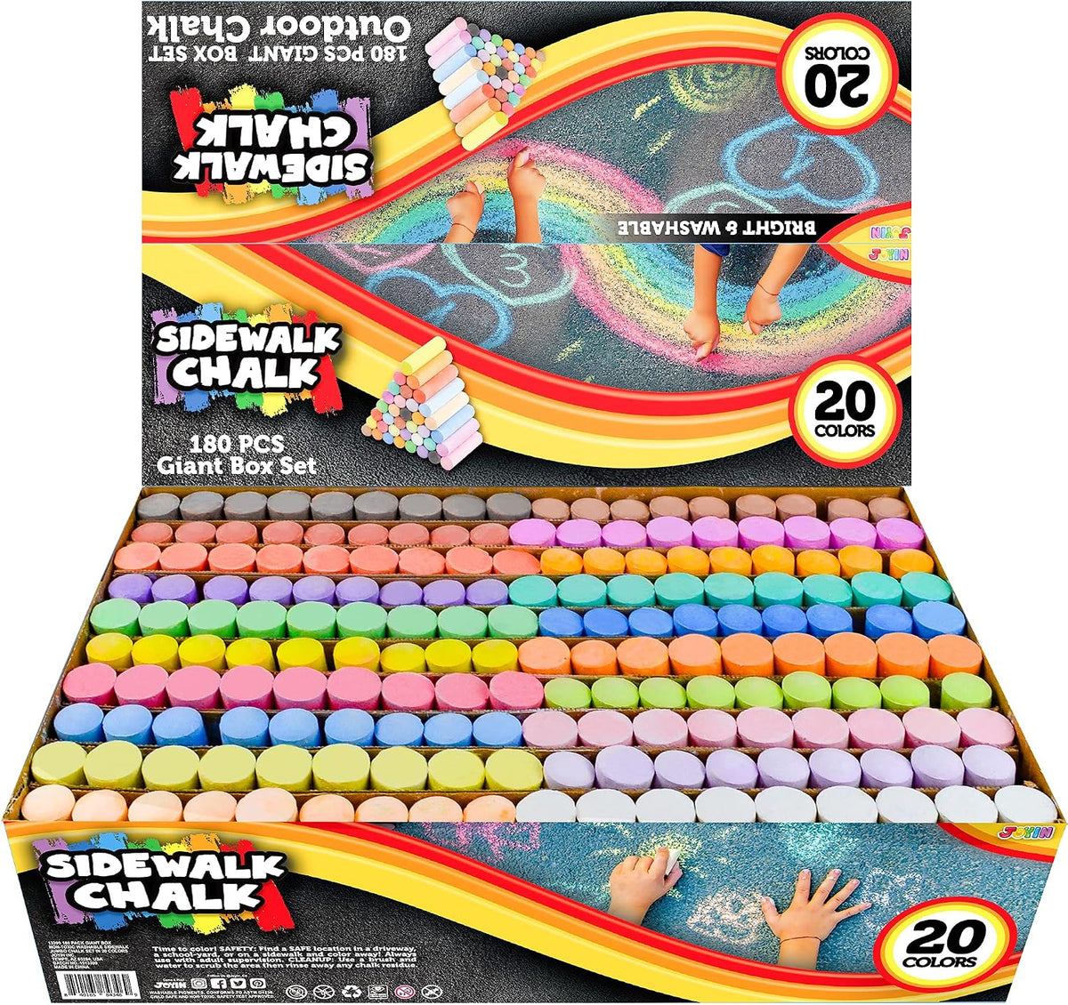 JOYIN 180 PCS Washable Sidewalk Chalks Set in 20 Colors Non-Toxic - 180