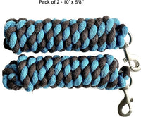 Majestic Ally Pack of 2 Solid Cotton Lead Rope for Horses & Livestock – 10 Foot Long and 5/8 inch Thick - Replaceable Heavy-Duty Satin Bolt Snap – Handmade – Soft, Broken in Feel (Turquoise -Brown)