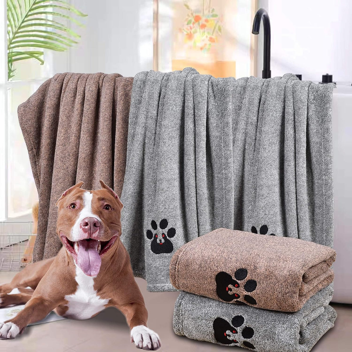 Dogvingpk Dog Towels for Drying Dogs 2 Pack - 2grey and 2brown / M-36" * 28" - image 2