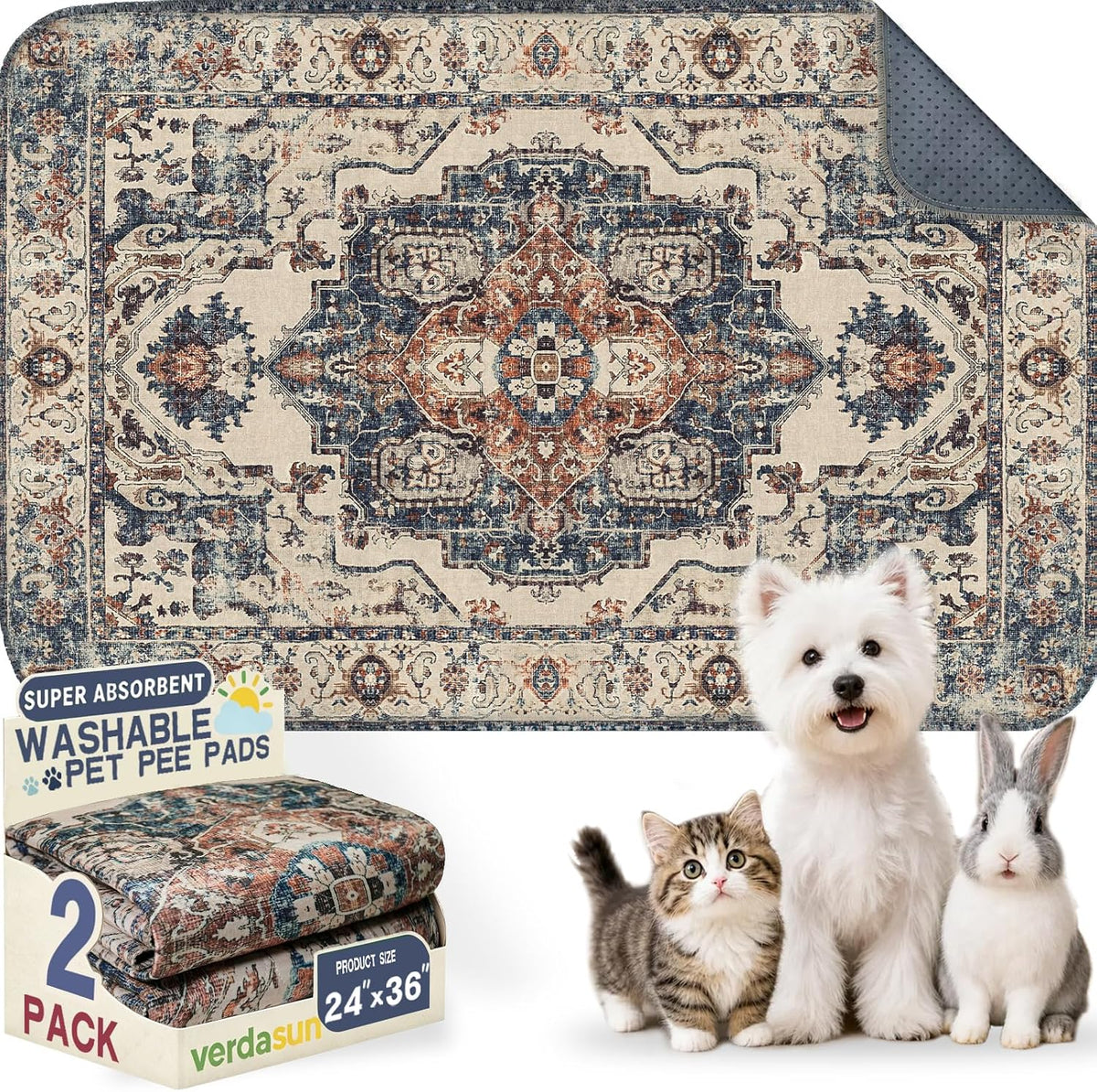 Washable Pee Pads for Dogs, Reusable Puppy Potty Training Pads - Beige/Blue/Multi / 24" ×36"(pack of 2)