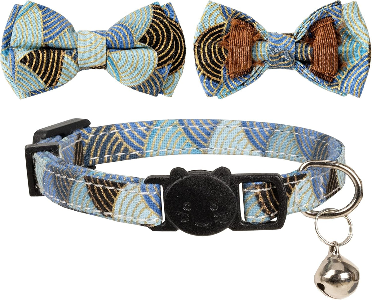 Collar for Cat Pet Breakaway with Bell Bowtie Detachable Bow - Kimono-Blue & Pink - image 4