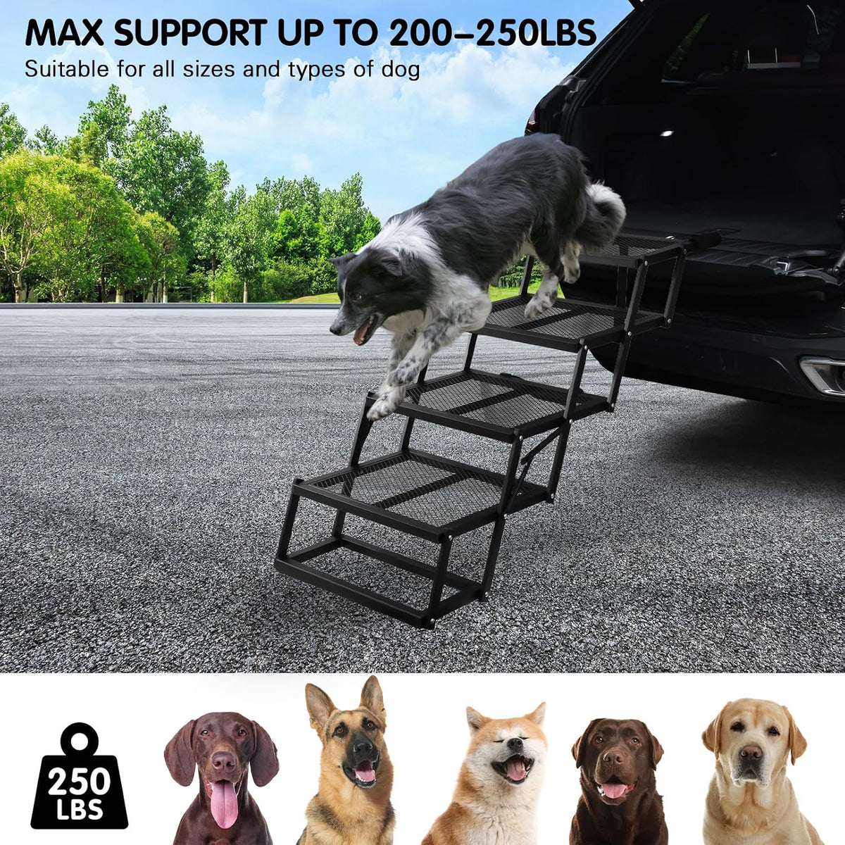 Folding Dog Stairs for Car, 16.9" Wide 4-Step Non-Slip Pet Steps – Essentials for Dogs - Mesh / 16.9In-4 Steps - image 3