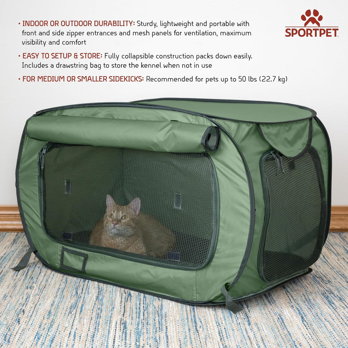 SportPet Designs Large Pop Open Kennel, Portable Cat Cage Kennel - Green - image 2