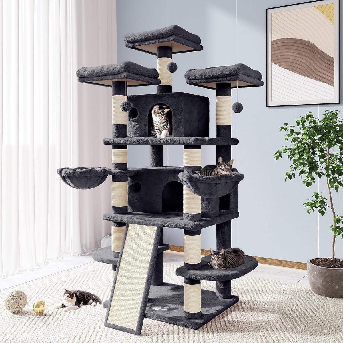Allewie 68 Inches Cat Tree/House and Towers for Big Feline/Scratching - 68 in / Smoky Grey