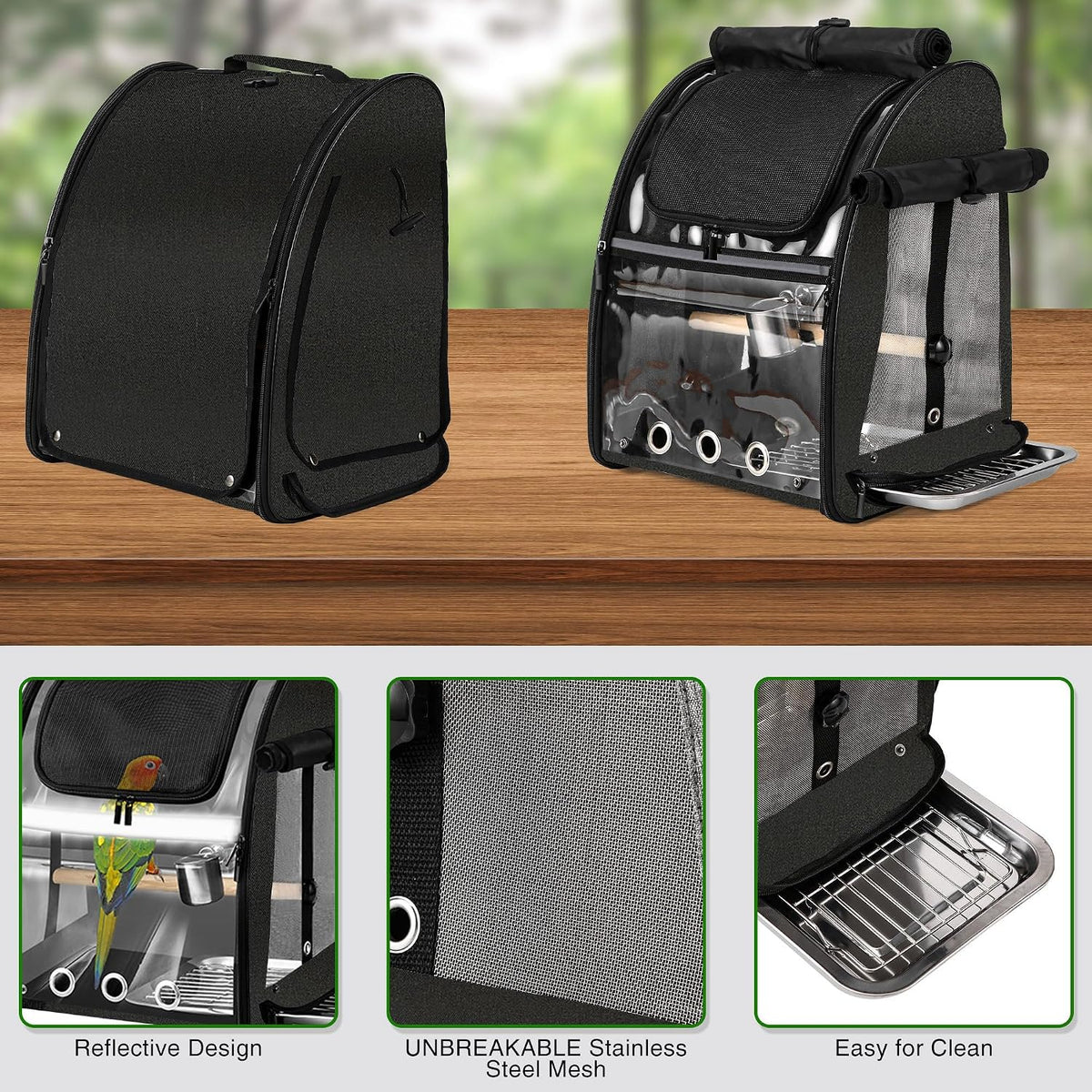 Bird Carrier Bag with Indestructible Stainless Steel Mesh - Black - image 3