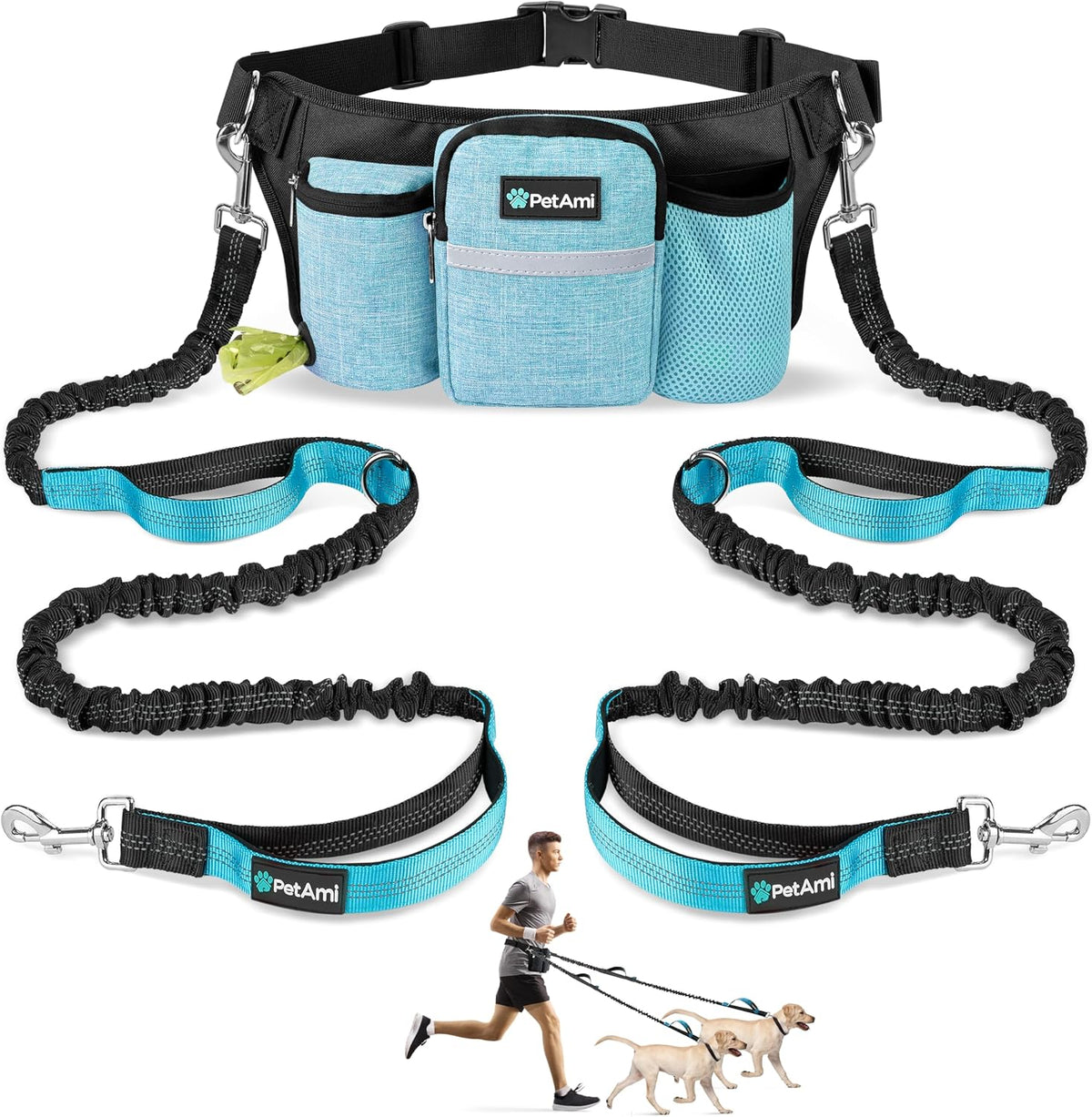 PetAmi Premium Hands Free Dog Leash for 2 Dogs - Turquoise Blue / 2 Leashes
