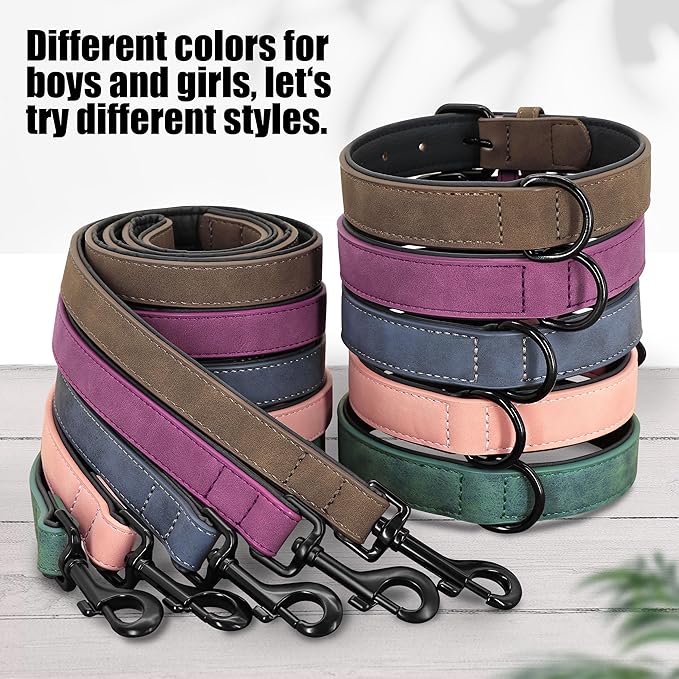 Didog Soft Padded Leather Dog Collar and Leash Set, Adjustable Dog Leash and Collar Set with Metal Buckle, Breathable Dog Collars with 4FT Faux Leather Dog Leash for Small Medium Large Dogs, Blue, XL