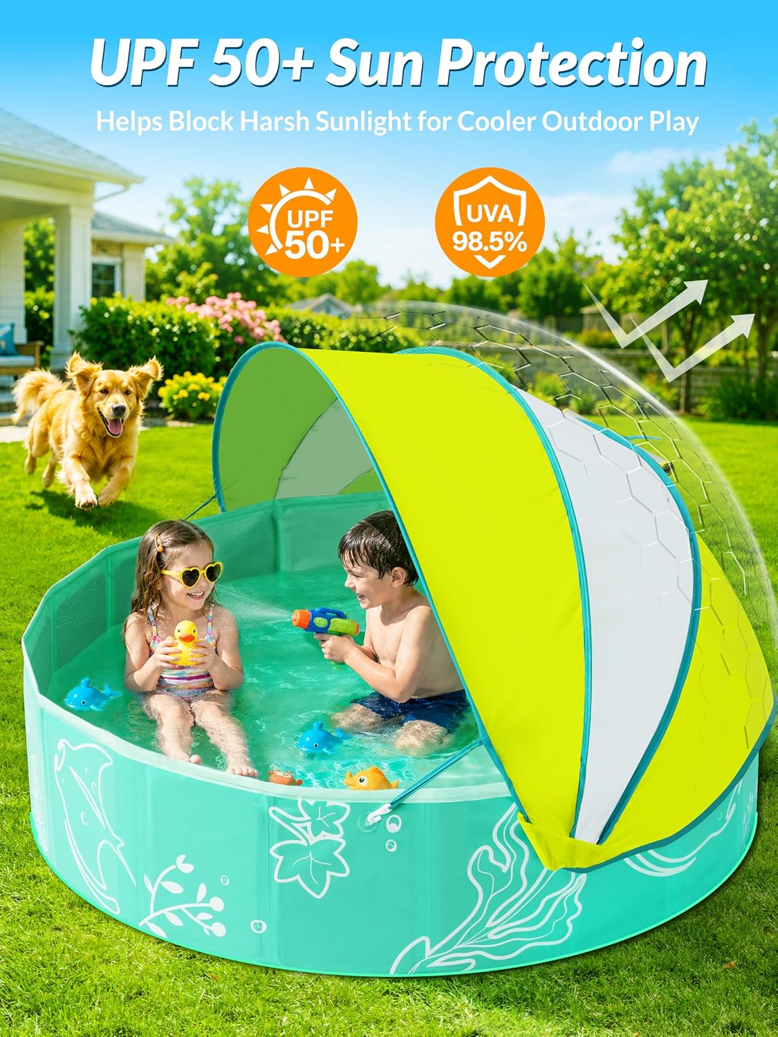 Hikiddy Foldable Kiddie Pool with Canopy: Baby Infant Toddler Kids - Mint-lemon / 47in - image 2