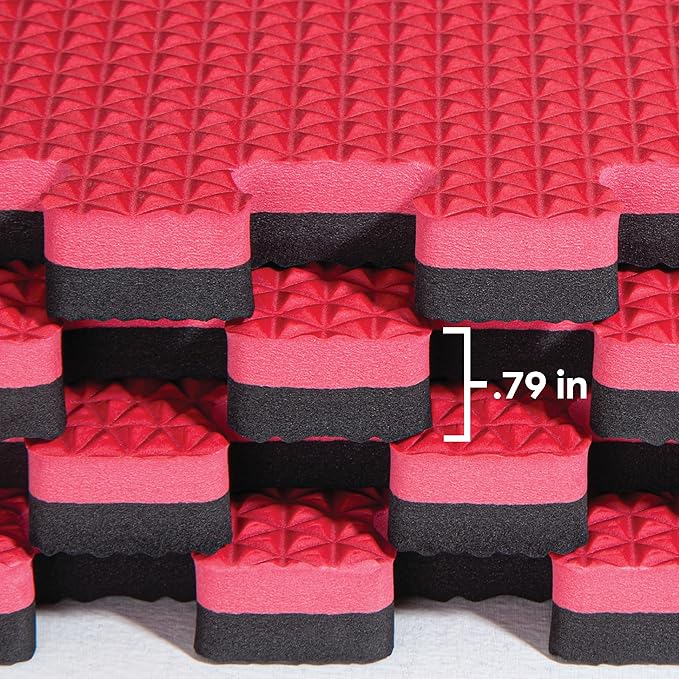 Norsk Reversible Gym Exercise Mats 3/4" Thick EVA Interlocking Foam Tiles, Perfect Home Gym Flooring, 28 Tiles & 56 Trim Pieces, 112 Sq. Ft. Reversible, Red/Black