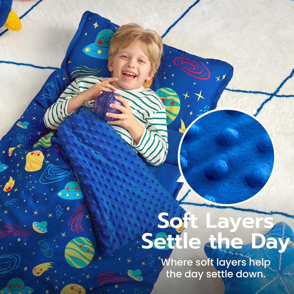 JOIEDOMI Toddler Nap Mat with Removable Pillow and Minky Blanket - Deep Blue Universe - image 2