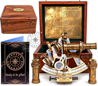 Hanzla Collection antique brass nautical sextant with wooden box and two extra sighting telescopes