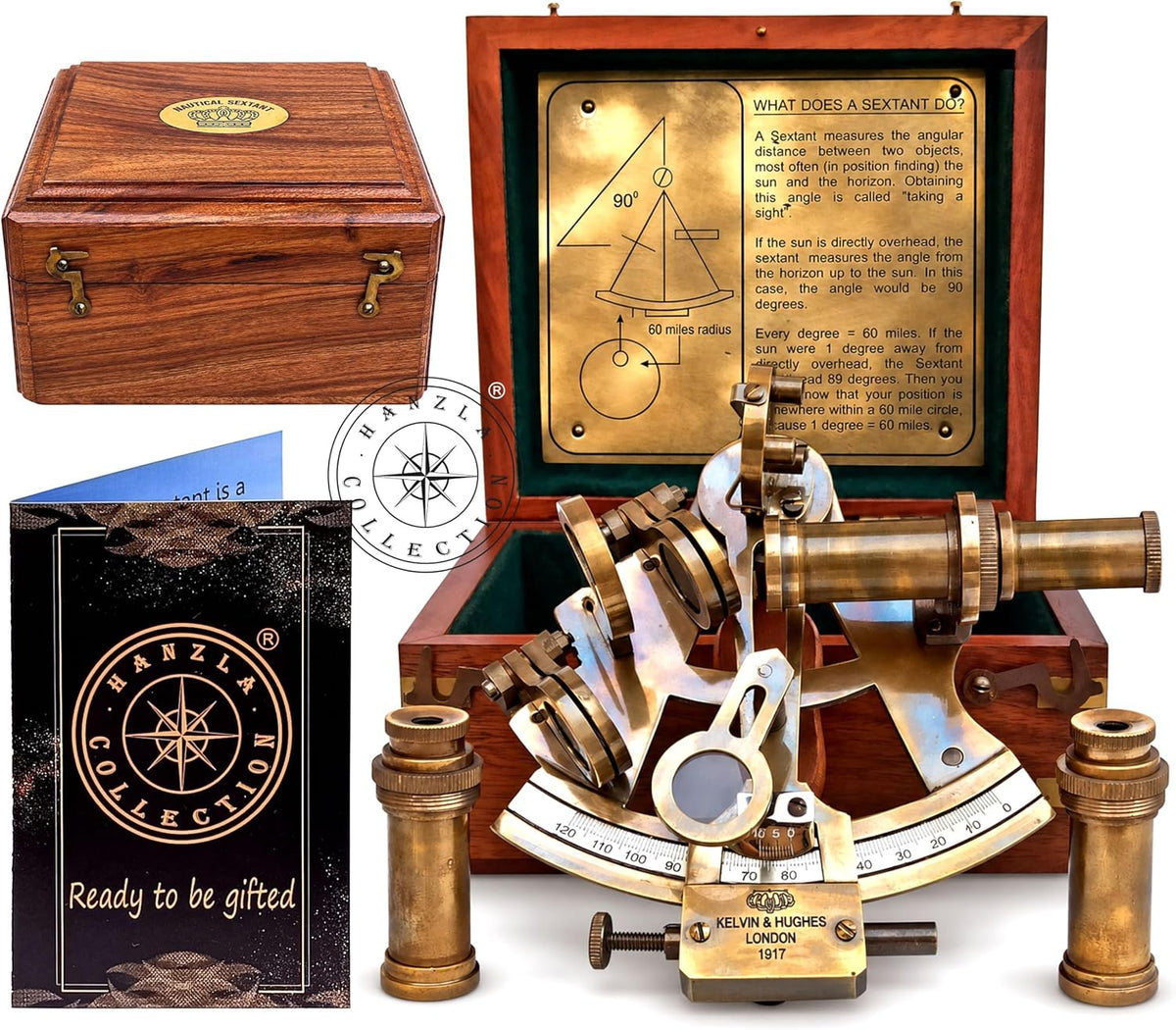 Hanzla Collection antique brass nautical sextant with wooden box and two extra sighting telescopes