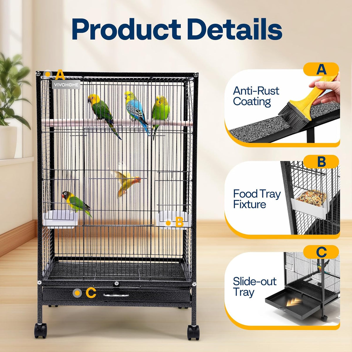VIVOHOME Wrought Iron Bird Cage with Rolling Stand - Black - image 3