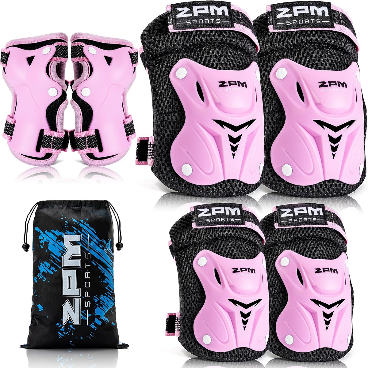 2PM SPORTS Knee and Elbow Pads Set with Wrist Guards for Kids Girls - Pink / Small