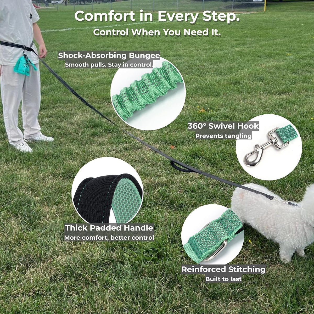 Hands Free Dog Leash, Waist & Crossbody 2-in-1 for Jogging & Hiking – Essentials for Dogs - Spring Green / Medium (6–8FT) - image 4