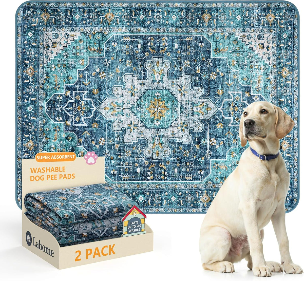 Lahome Botanical Washable Reusable Pee Pads for Dogs, 36x48 - Blue / 3FT x 4FT (Pack of 2)