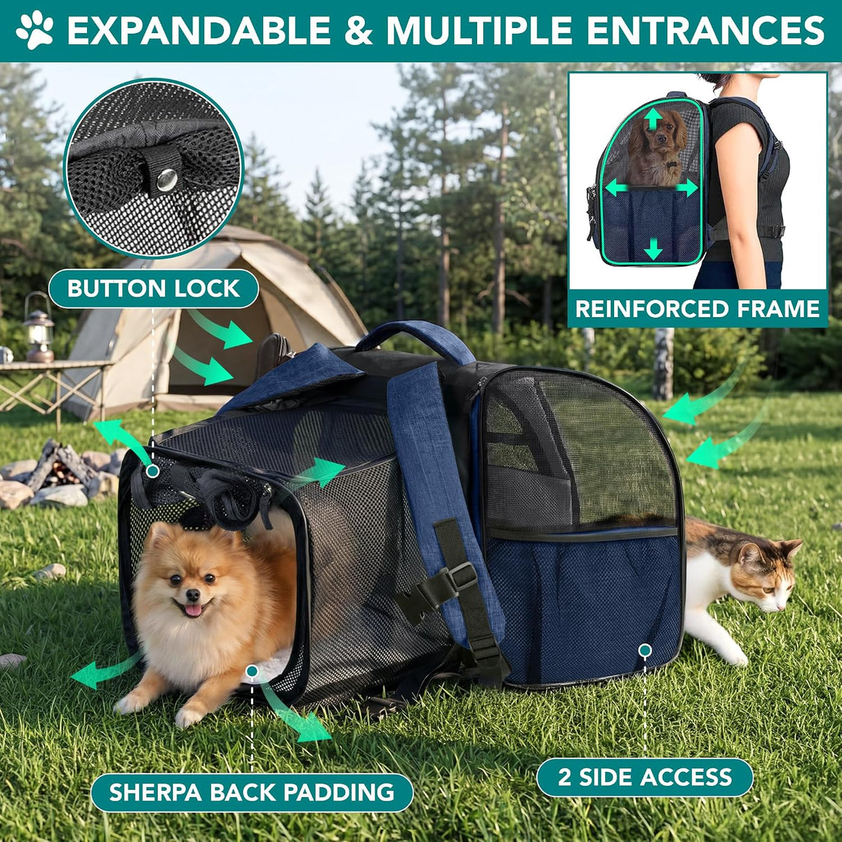 PetAmi Expandable Dog Cat Backpack Carrier, Airline Approved - 12.5"L x 10.2"W x 16.3"H / Navy - image 3