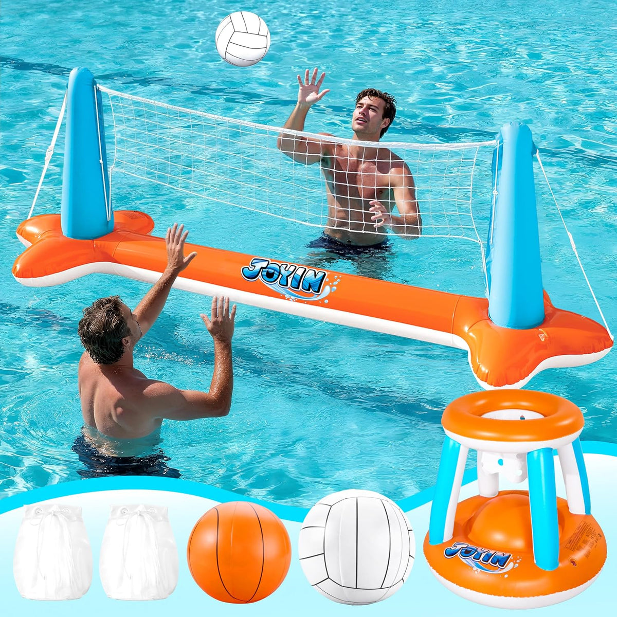 JOYIN Inflatable Pool Float Set Volleyball Net & Basketball Hoops - Orange / X-Large