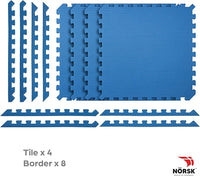 Norsk Reversible Exercise Mats 3/4" Thick EVA Interlocking Foam Tiles, Perfect Home Gym Flooring, 4 Tiles & 8 Trim Pieces, 16 Sq. Ft. 24"x24" Dazzling Blue/Black