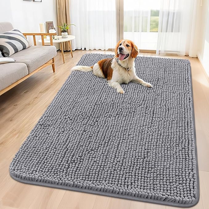 Smiry Dog Door Mat for Muddy Paws 70x35, Absorbs Moisture and Dirt Doormat, Non-Slip Washable Quick Dry Chenille Front Door Mat Indoor Entrance, Entryway Carpet for Inside Floor, Grey