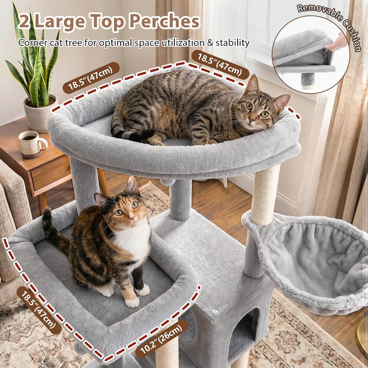 Cat Tree, 74" Tower for Large Cats, Big Condo & Hammock GCT030G – Essentials for Cats - 78.7 inch / Light gray - image 2