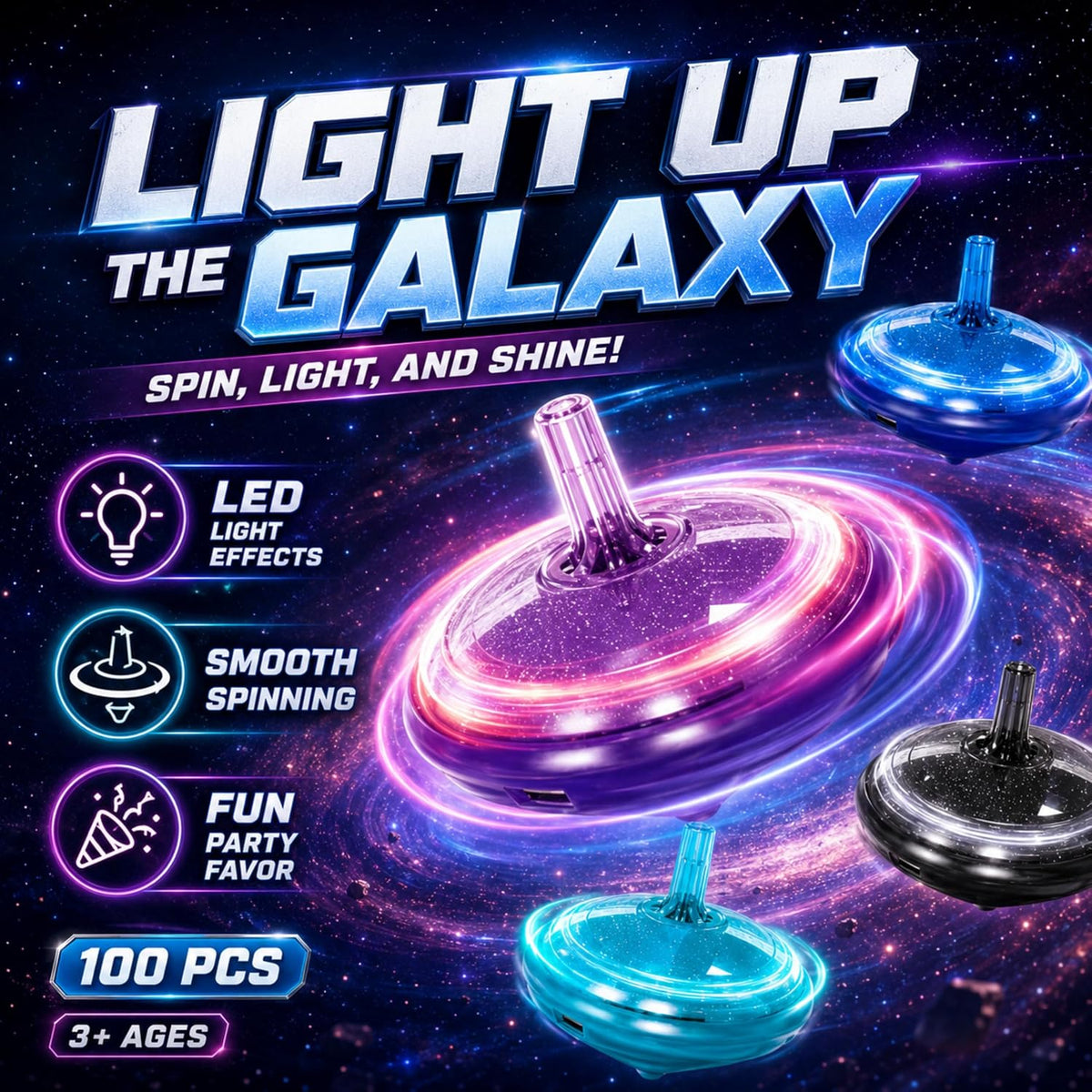 LED Flashing Spinning Tops for Kids - Galaxy - 100 Piece - image 3