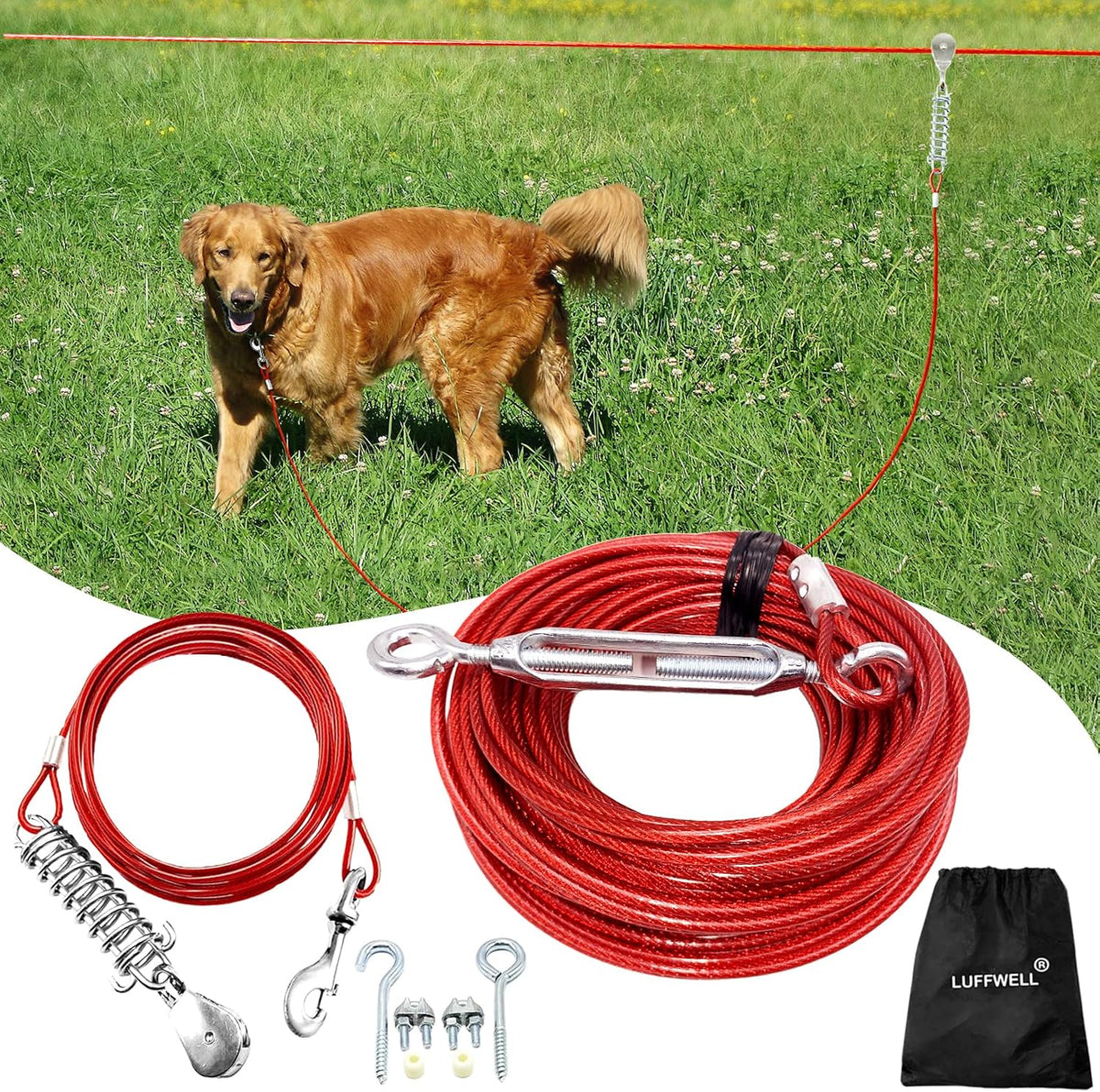 Dog Runner for Yard, Outdoor Dog Run - Red / 100FT+15FT