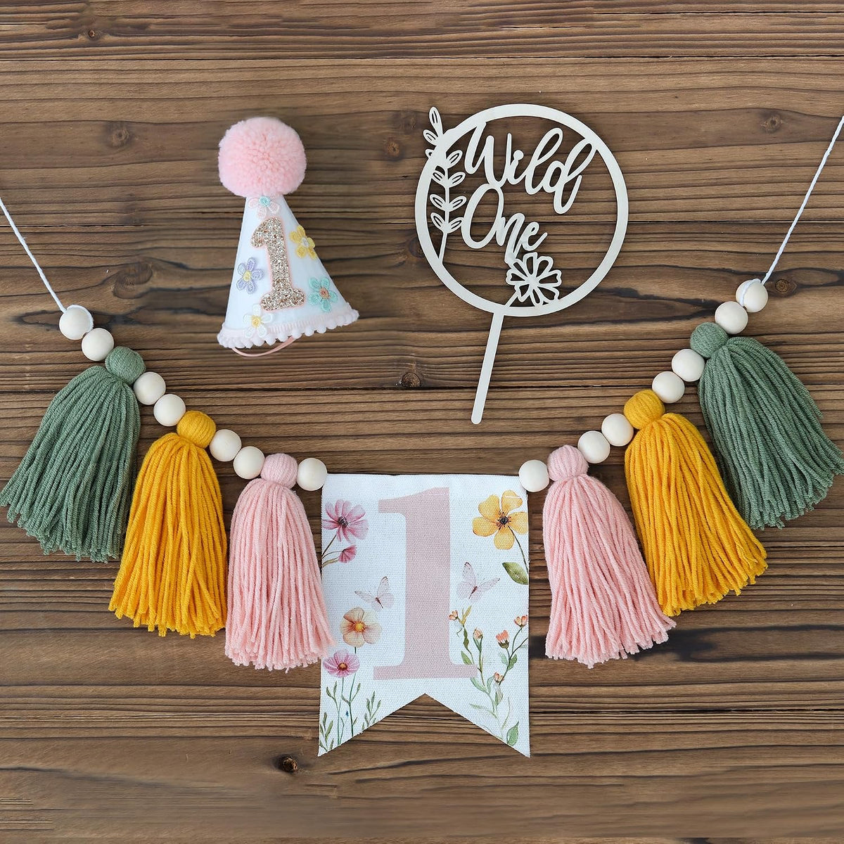 First Birthday Decorations for Boy Blue One Year Old High Chair - pink yellow green - image 3