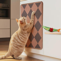 SCRATCHABLE Sisal Cat Scratcher, [+ Catnip Fish Toy], Cat Wall Scratcher, Couch Protector from Cat Scratching, 24 X 15.8 with 12 Adhesive Velcro Stripes. (Brown Diamonds)