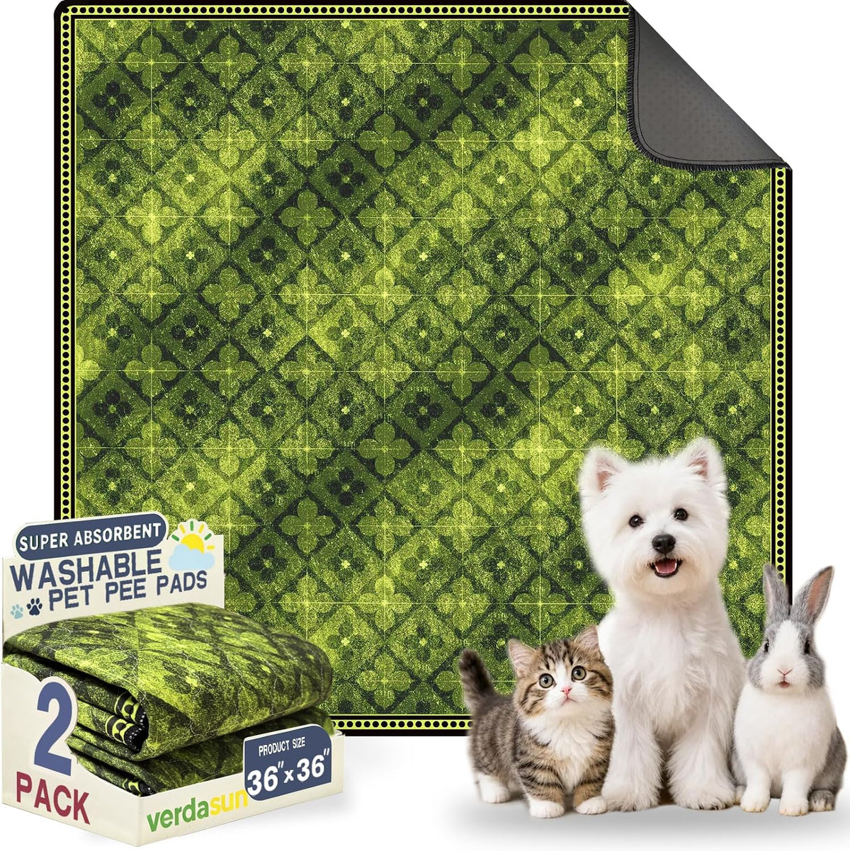 Washable Pee Pads for Dogs, Reusable Puppy Potty Training Pads - Green/Multi / 36" ×36"(pack of 2)