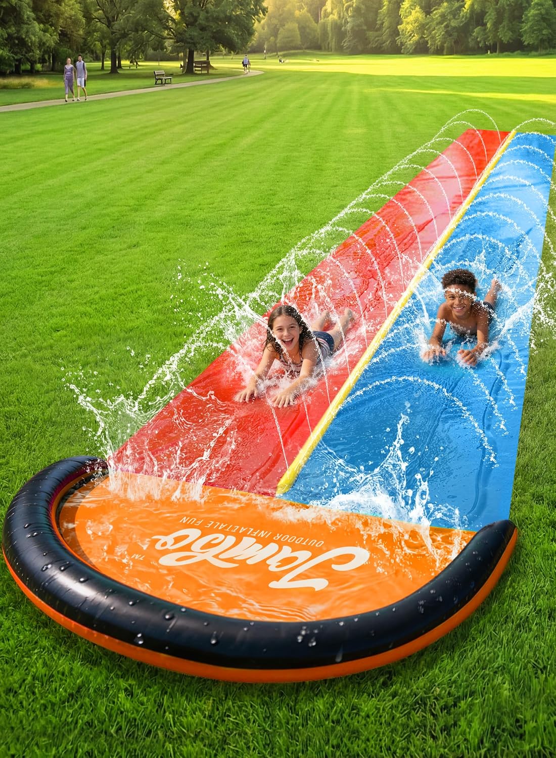 JAMBO Premium Triple Water Slide with 3 Bodyboards - 18ft Multicolor