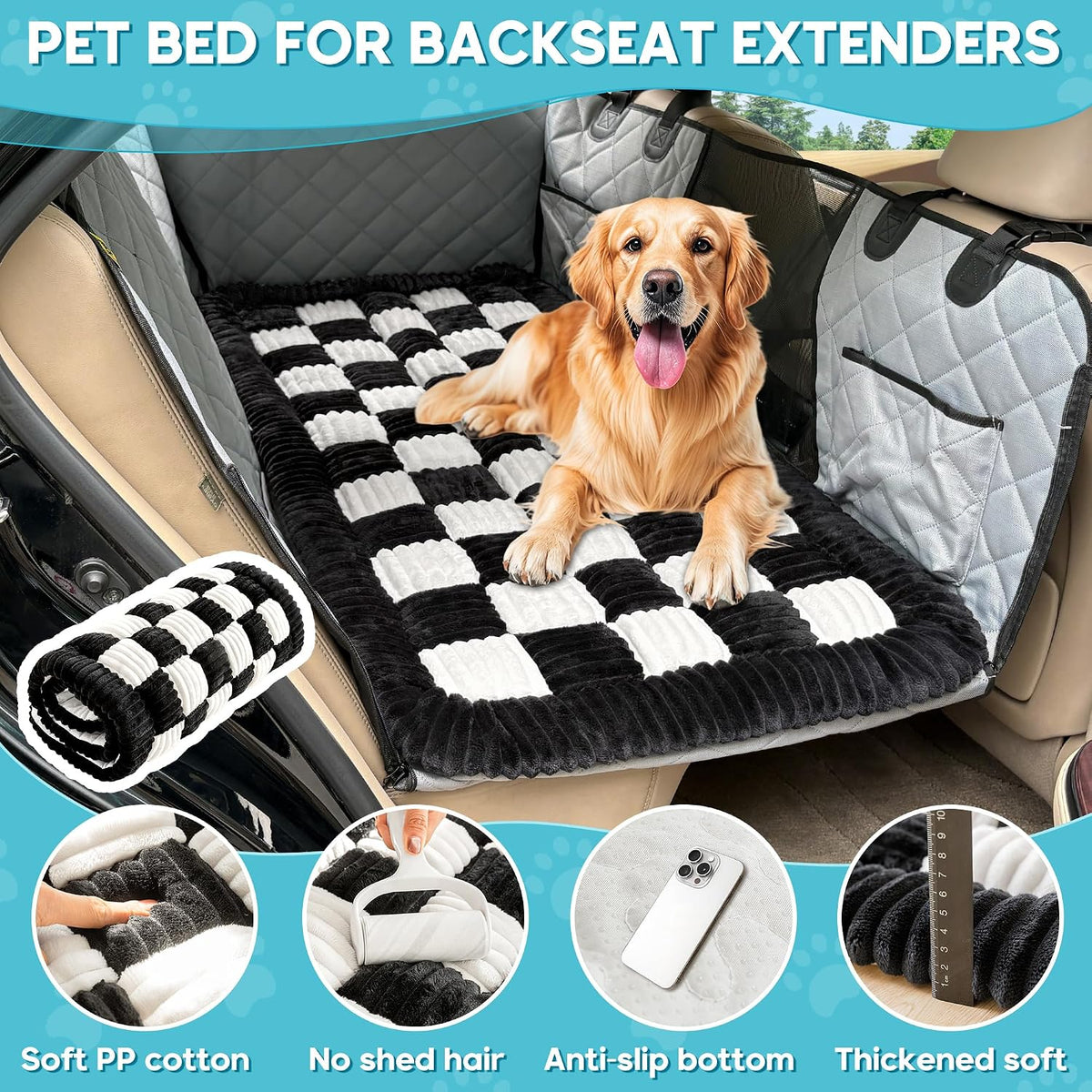 Dog Car Bed Mat Non-Slip Backseat Extender Dog Bed 50" x24.6" – Essentials for Dogs - Black White / For Cars/ SUV/ Small Truck (50"×24.6") - image 4