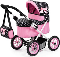 Bayer 2-in-1 foldable doll stroller in black and pink heart pattern with shoulder bag
