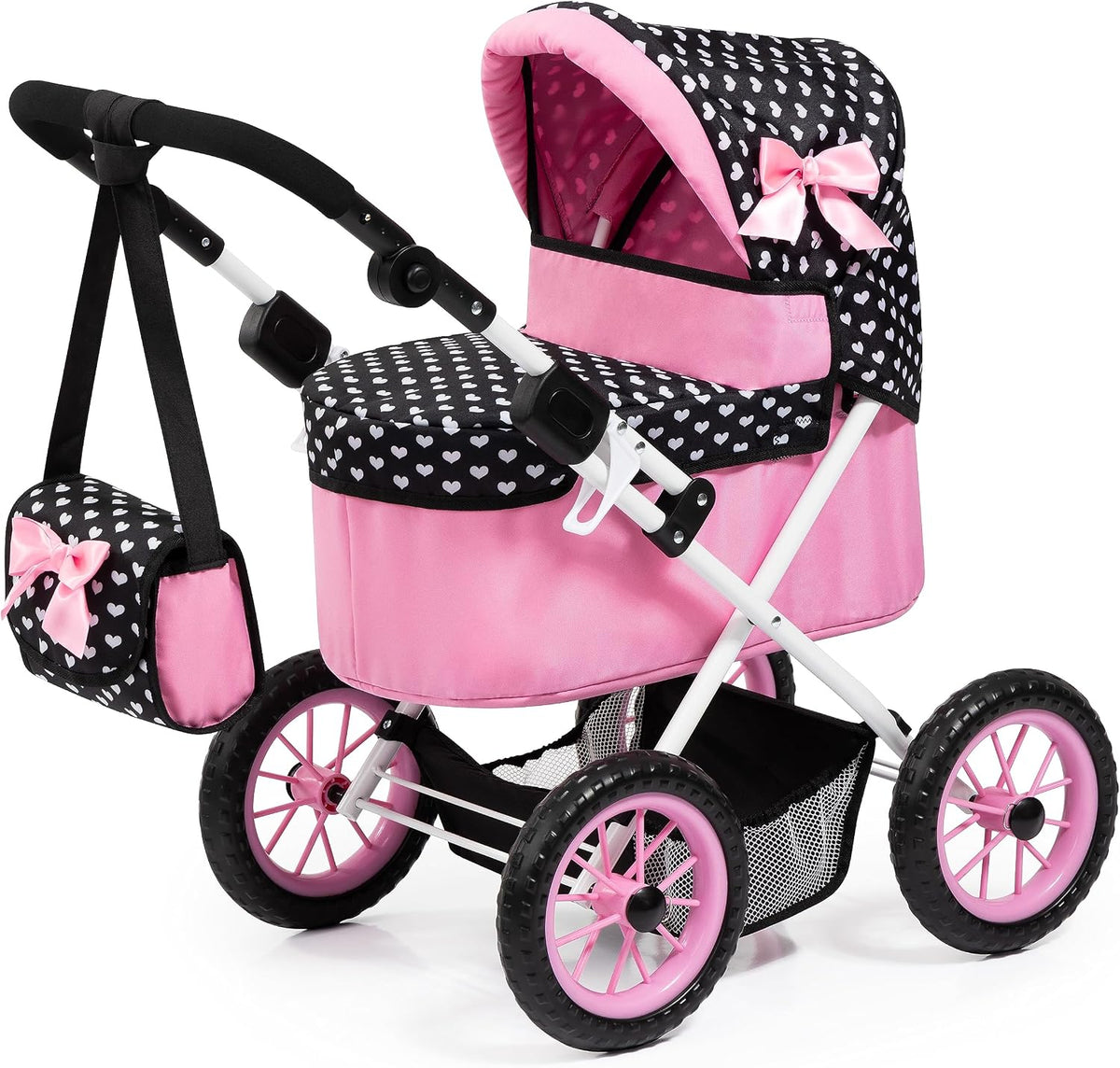 Bayer 2-in-1 foldable doll stroller in black and pink heart pattern with shoulder bag