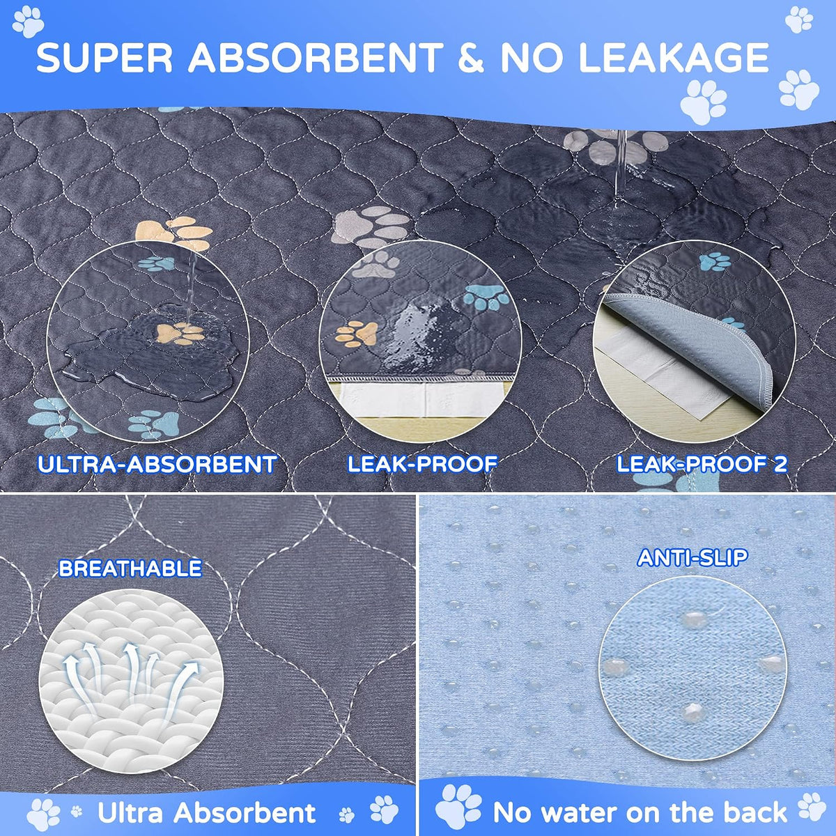 Aitmexcn Washable Pee Pads for Dogs, 24''x36'' - Colour Paws / 48*65''-2pcs - image 4