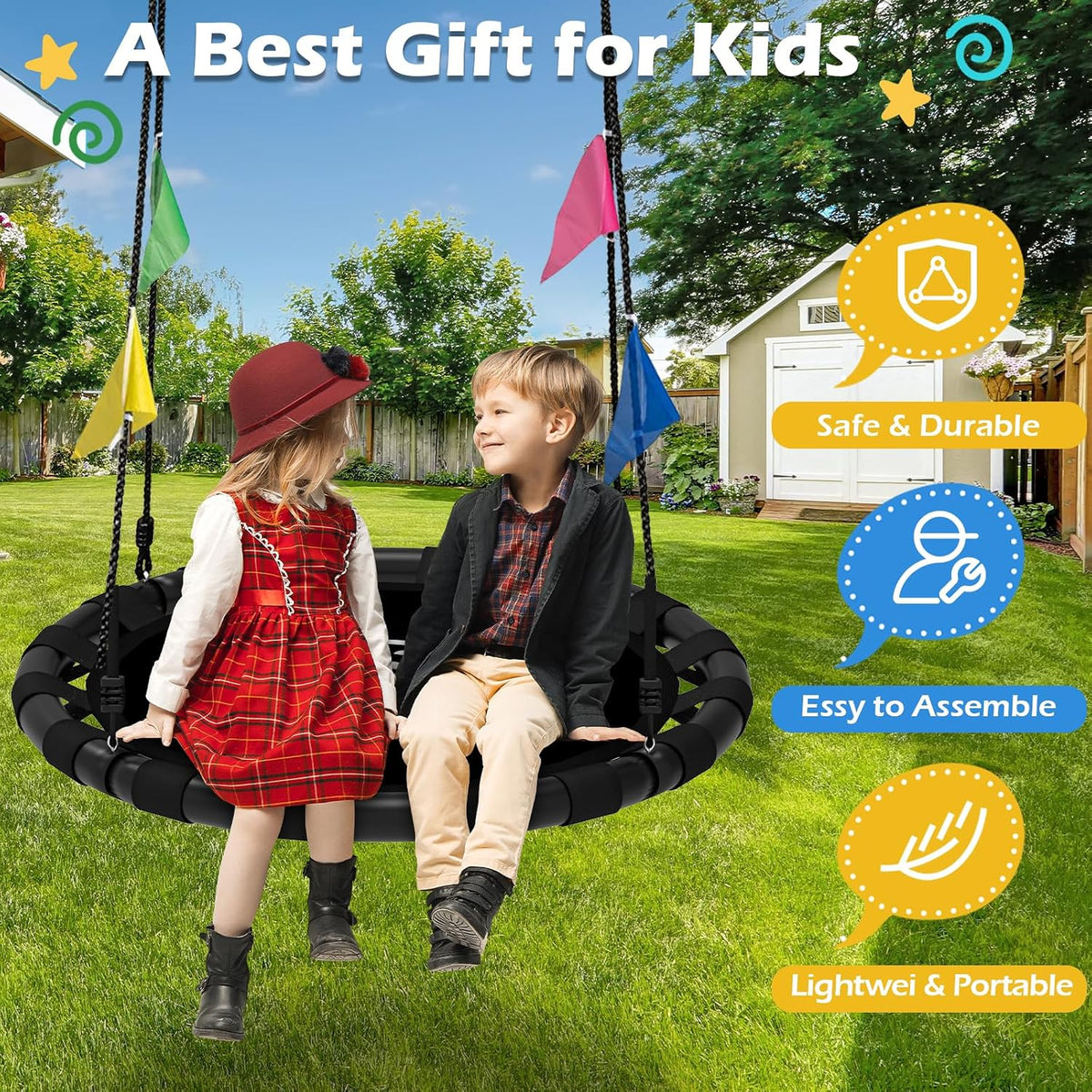 HeyZoo black 40 inch saucer swing with 360 degree swivel for backyard - view 19