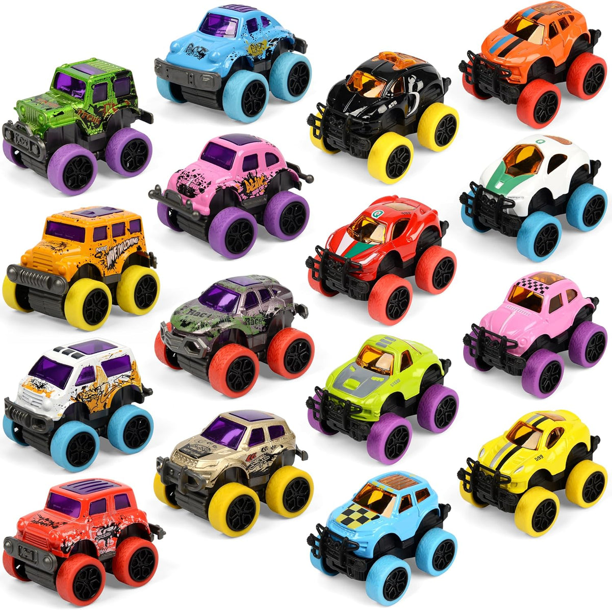 Neureyte 16-pack die-cast mini monster trucks with pull-back action