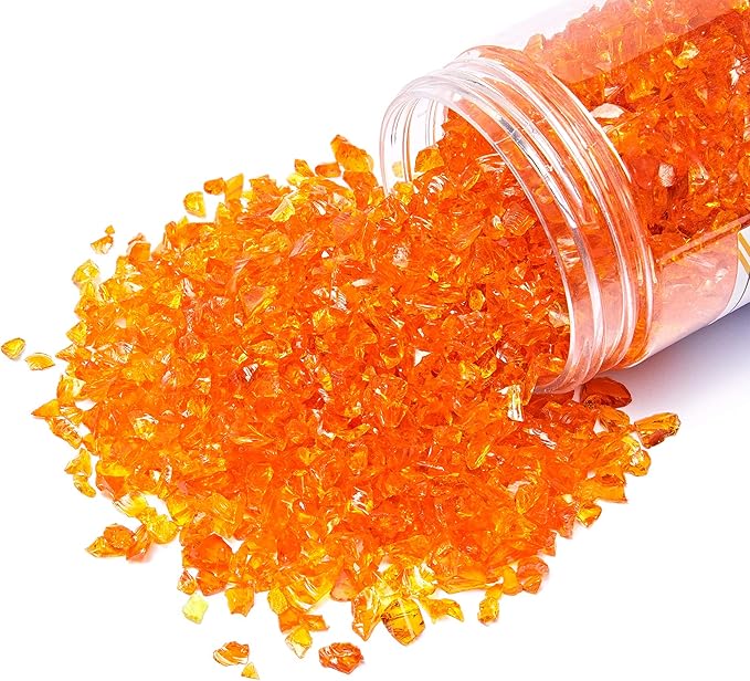 TWINKLING High Luster Fire Glass Gravel Stone Glitter,Broken Glass,Fire Gems Chips,Crushed Glass for Fire Pit Crafts Resin Art Aquarium Garden Decoration,3-6mm,1-Pound Jar (Orange Red)