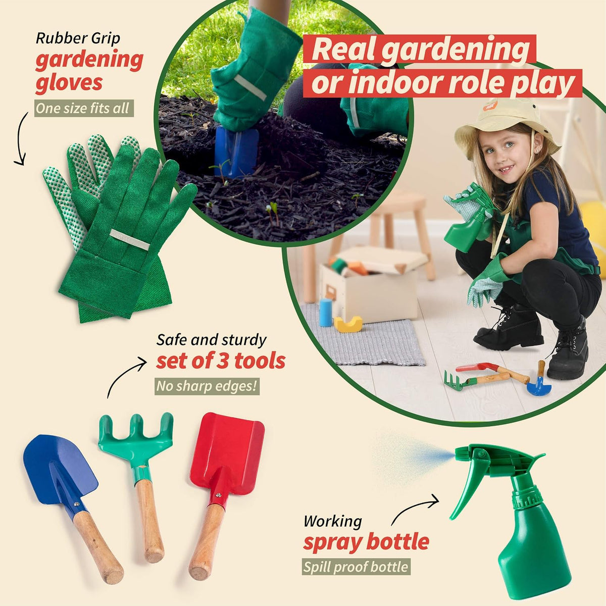 Born Toys kids gardener costume with apron, hat, gloves, shovels, rake and spray bottle - view 3