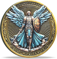 Archangel Michael challenge coin with Psalm 91:10-11 inscription in a clear case - view 2