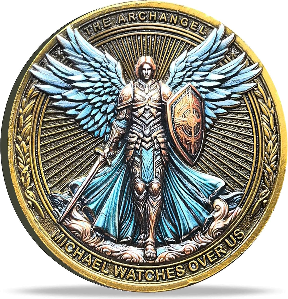 Archangel Michael challenge coin with Psalm 91:10-11 inscription in a clear case - view 2