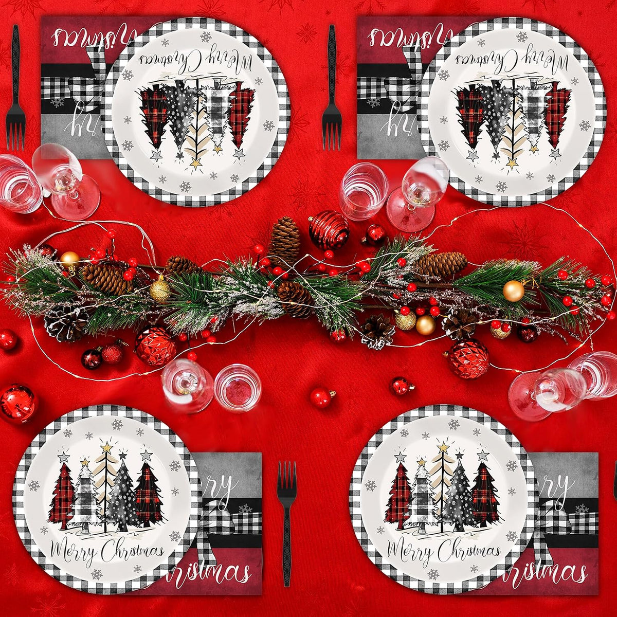 GOLDGAO Christmas paper plates and napkins with buffalo plaid border and snowman print - view 16