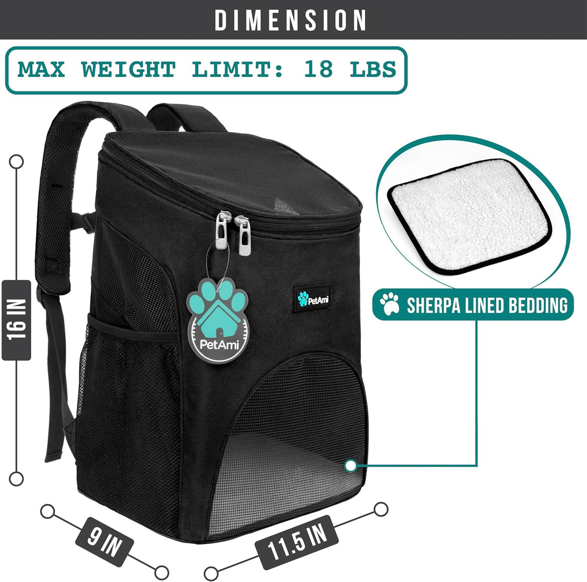 PetAmi Cat Backpack Carrier for Small Dogs and Large Cats - Black - image 2