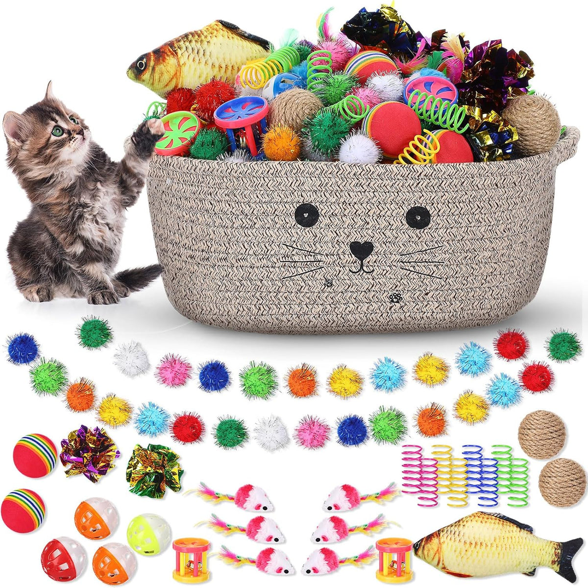 Zopeal 58 Pcs Cat Toy Set with Storage Basket Indoor, Grey - Dark Brown / 12 Inch