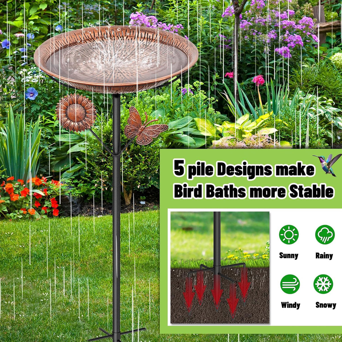 Metal Bird Bath for Outside - Vintage Brown, Butterfly - image 4