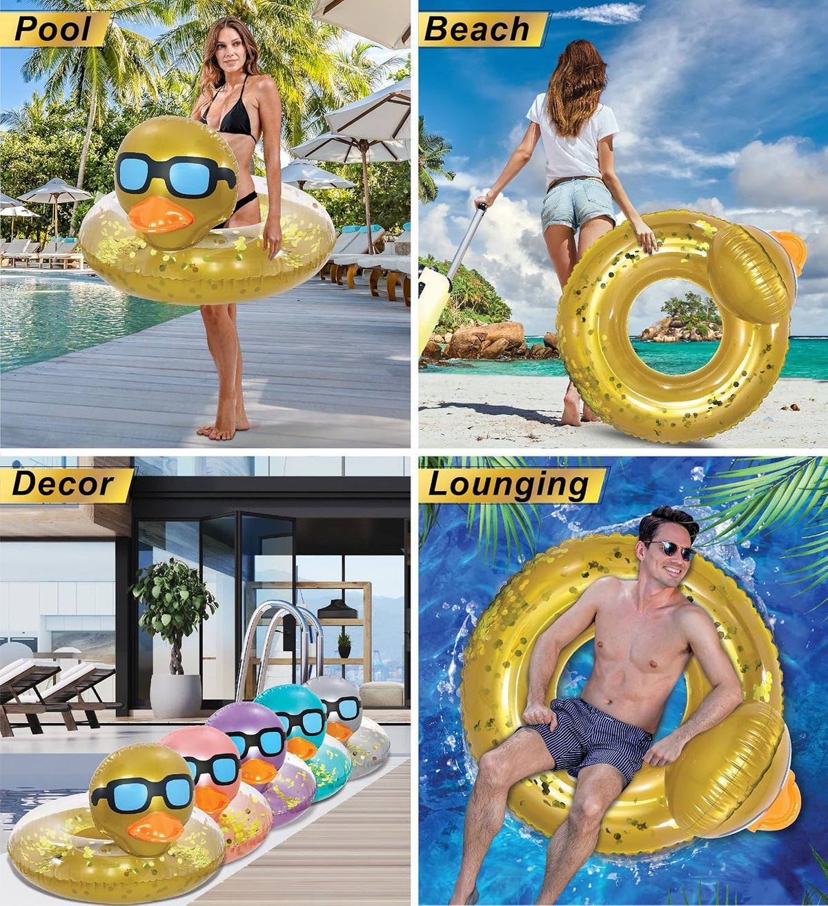 POZA inflatable duck pool float tube with gold confetti, sunglasses and orange beak - view 29