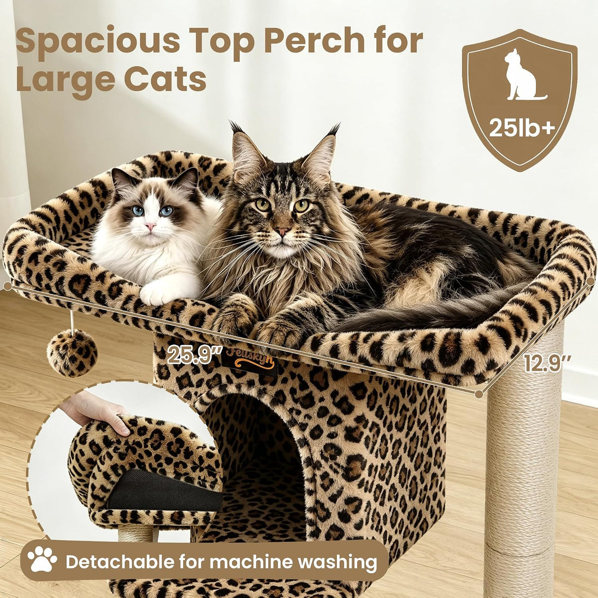 Cat Tree Tower Scratching Post for Indoor Large Adult Cats with Perch - Leopard Print / 28 Inches - image 2