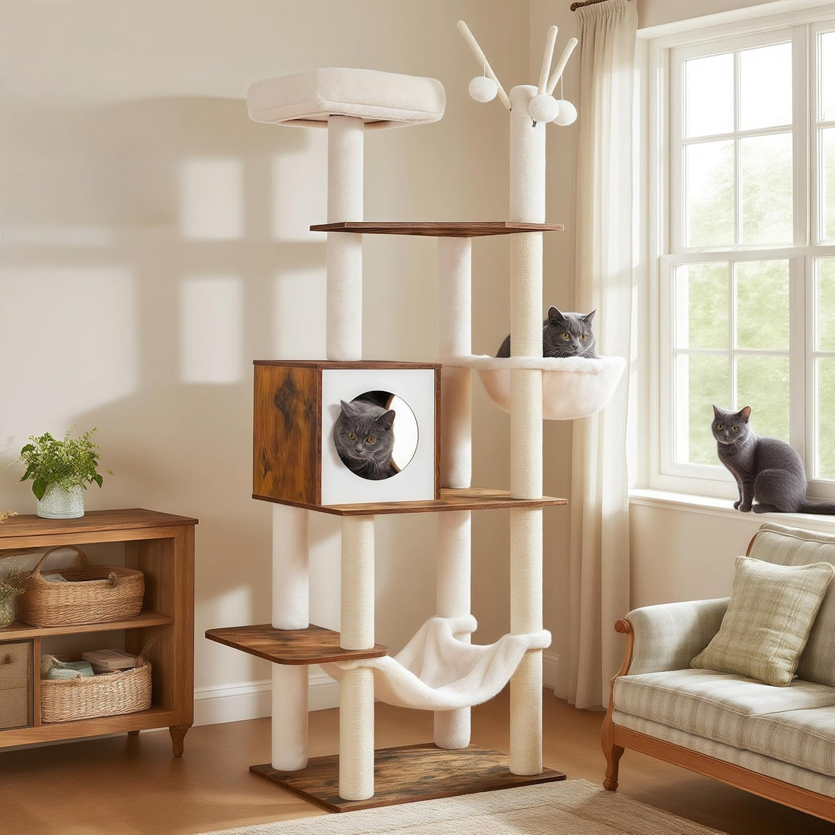 Hey-brother Wooden Cat Tree Tower with Rattan Condo - 21.7"×15.7"×66.1" / Rustic Brown