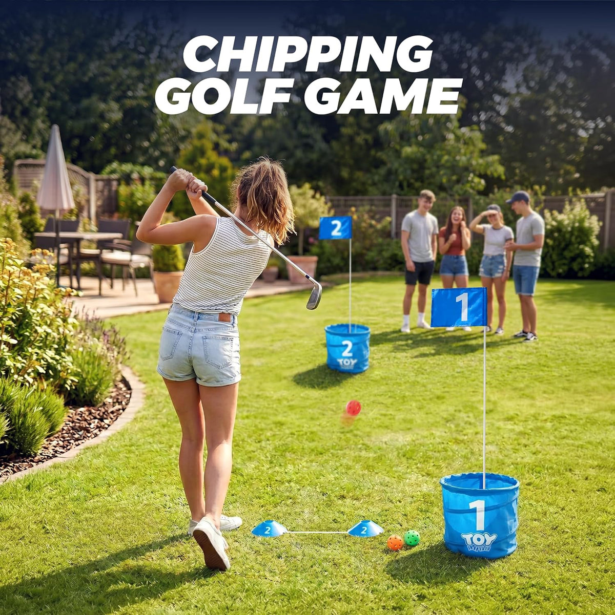 TOY Life backyard bucket golf game set with blue golf buckets, flag and golf balls on a lawn - view 4